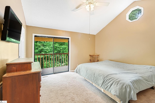 251 Cherokee Dr, Fair Play, SC 29643 - bedroom with carpet, access to exterior, lofted ceiling, and ceiling fan
