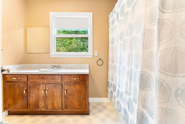 251 Cherokee Dr, Fair Play, SC 29643 - bathroom with vanity, baseboards, and a shower with shower curtain