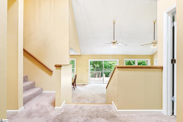 251 Cherokee Dr, Fair Play, SC 29643 - stairs with carpet floors, a ceiling fan, baseboards, and vaulted ceiling