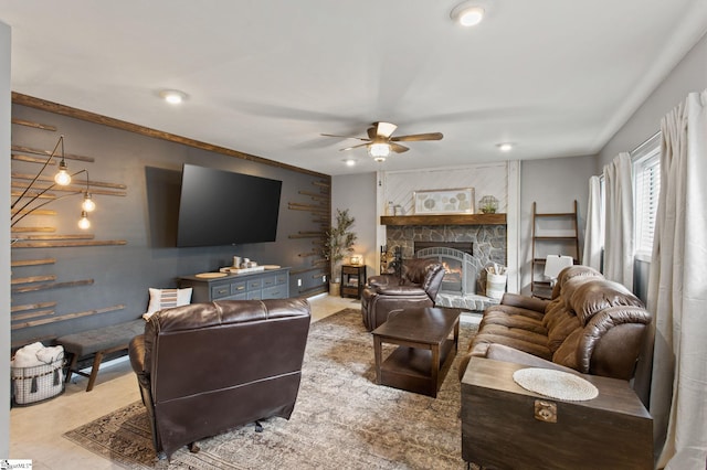 7 Bendingwood Cir, Taylors, SC 29687 - living room featuring ceiling fan, a fireplace, and recessed lighting
