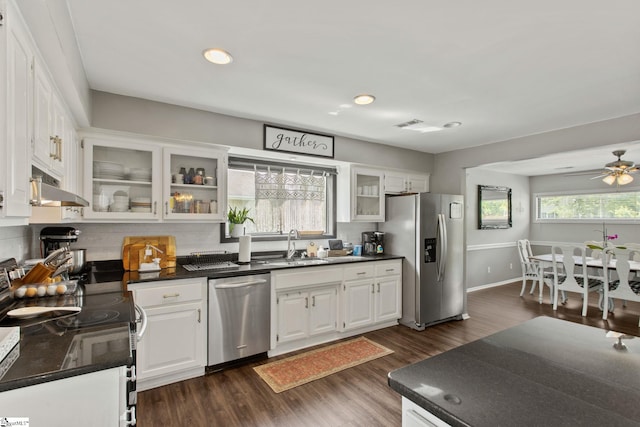 7 Bendingwood Cir, Taylors, SC 29687 - kitchen featuring appliances with stainless steel finishes, dark countertops, under cabinet range hood, decorative backsplash, and recessed lighting
