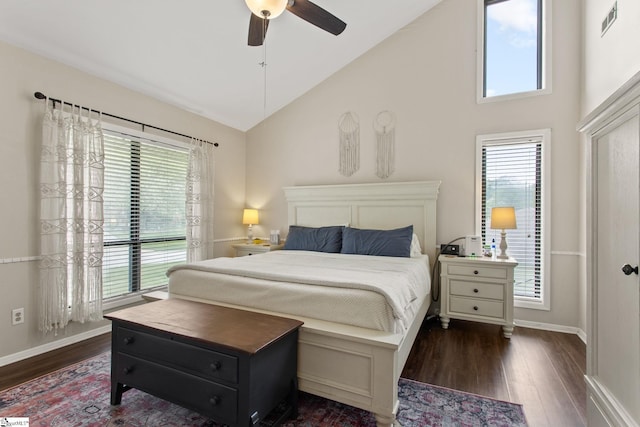 7 Bendingwood Cir, Taylors, SC 29687 - bedroom featuring dark wood-type flooring, multiple windows, high vaulted ceiling, and baseboards