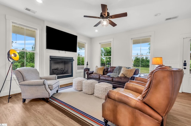 living area featuring wood finished floors, plenty of natural light, a fireplace, and recessed lighting