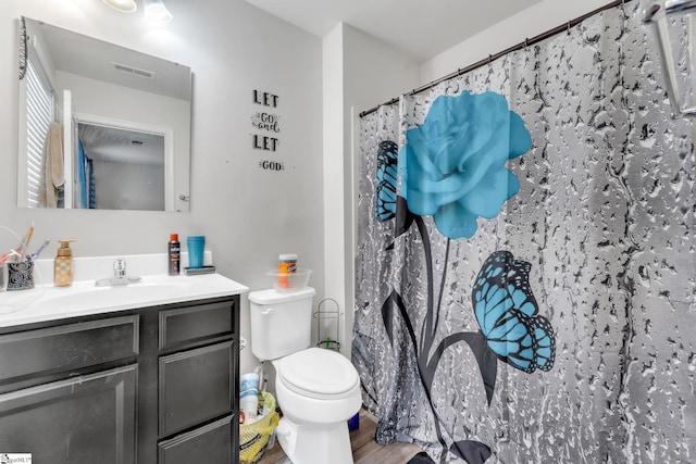 625 Mccormick Ln, Lyman, SC 29365 - bathroom featuring toilet, vanity, wood finished floors, and curtained shower