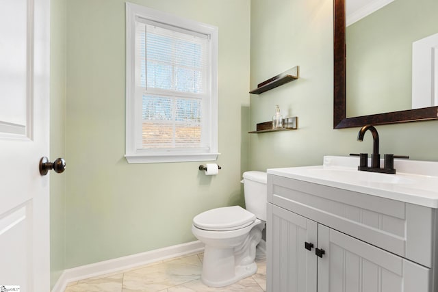 110 Avendell Dr, Easley, SC 29642 - half bath featuring marble finish flooring, baseboards, toilet, vanity, and crown molding