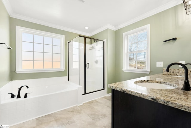 110 Avendell Dr, Easley, SC 29642 - bathroom featuring a shower stall, a bath, ornamental molding, and double vanity
