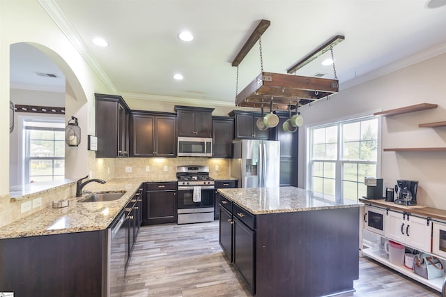 110 Avendell Dr, Easley, SC 29642 - kitchen with appliances with stainless steel finishes, a sink, arched walkways, light wood-style flooring, and dark brown cabinetry