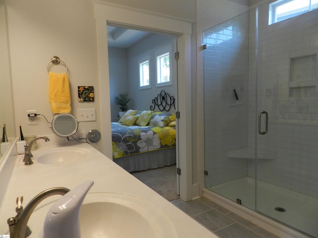 14 Moray Pl, Simpsonville, SC 29681 - ensuite bathroom with plenty of natural light, a stall shower, double vanity, and tile patterned floors