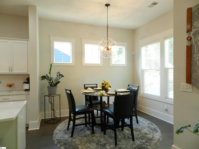 14 Moray Pl, Simpsonville, SC 29681 - dining room with plenty of natural light, a chandelier, dark wood finished floors, and baseboards