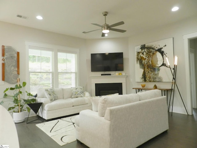 14 Moray Pl, Simpsonville, SC 29681 - living area with ceiling fan, a fireplace, recessed lighting, dark wood-type flooring, and baseboards