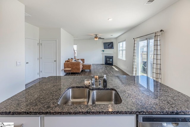 115 Slateford Cir, Piedmont, SC 29673 - kitchen with dishwasher, a sink, ceiling fan, wood finished floors, and dark stone countertops