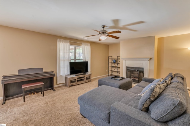 105 Bitternut Ln, Taylors, SC 29687 - living room featuring a ceiling fan, carpet flooring, a fireplace, and baseboards