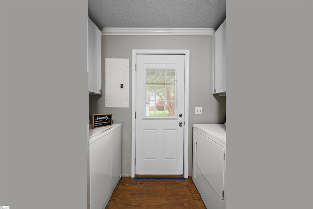 32 Circleview Dr, Taylors, SC 29687 - laundry area with independent washer and dryer, electric panel, cabinet space, dark wood finished floors, and crown molding