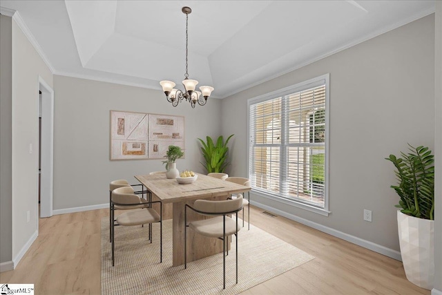 2575 Old Ansel School Rd, Greer, SC 29651 - dining area featuring light wood-type flooring, a raised ceiling, a chandelier, baseboards, and ornamental molding