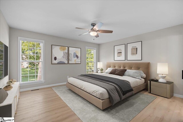 2575 Old Ansel School Rd, Greer, SC 29651 - bedroom featuring multiple windows, light wood-style flooring, baseboards, and a ceiling fan