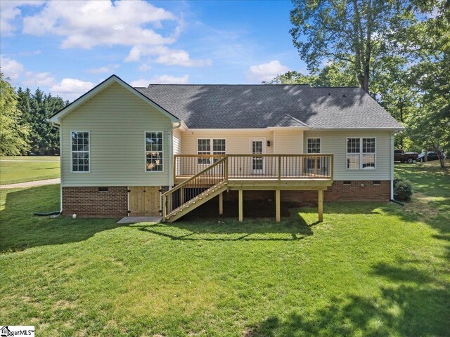 2575 Old Ansel School Rd, Greer, SC 29651 - back of property featuring crawl space, a deck, a lawn, a shingled roof, and stairs
