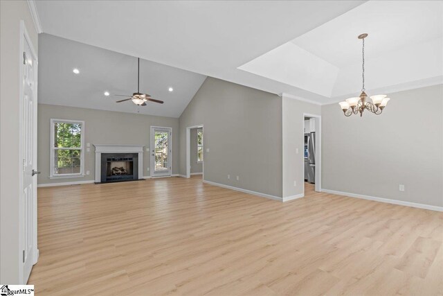 2575 Old Ansel School Rd, Greer, SC 29651 - unfurnished living room with light wood-style flooring, a chandelier, baseboards, ceiling fan, and recessed lighting