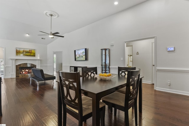 413 Rambling Rose Way, Moore, SC 29369 - dining space with a ceiling fan, dark wood-style floors, high vaulted ceiling, a premium fireplace, and baseboards