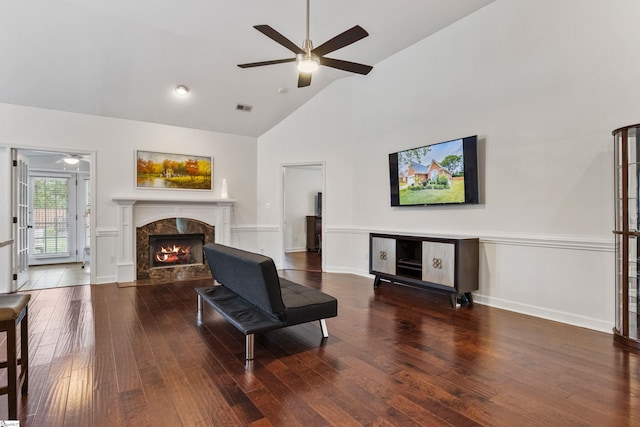 413 Rambling Rose Way, Moore, SC 29369 - living room with ceiling fan, hardwood / wood-style floors, a fireplace, high vaulted ceiling, and baseboards