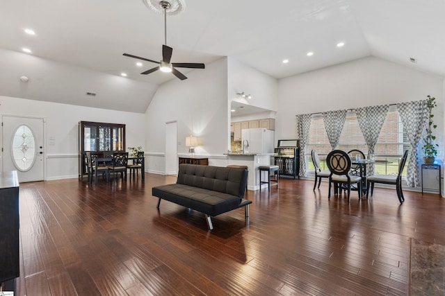 413 Rambling Rose Way, Moore, SC 29369 - living room with high vaulted ceiling, ceiling fan, healthy amount of natural light, wood finished floors, and recessed lighting