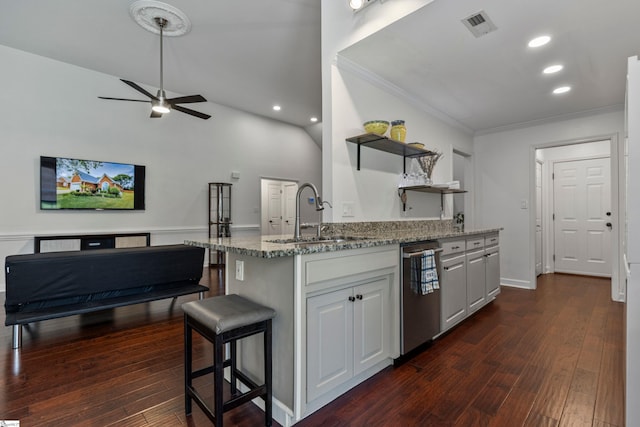 413 Rambling Rose Way, Moore, SC 29369 - kitchen with stainless steel dishwasher, a sink, open shelves, crown molding, and light stone counters