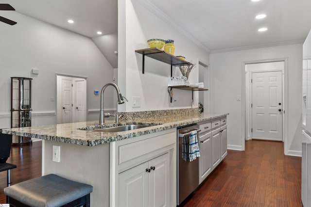 413 Rambling Rose Way, Moore, SC 29369 - kitchen with open shelves, a sink, stainless steel dishwasher, light stone countertops, and white cabinets