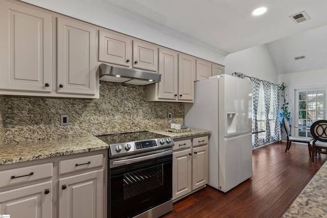 413 Rambling Rose Way, Moore, SC 29369 - kitchen with under cabinet range hood, electric range, white fridge with ice dispenser, decorative backsplash, and dark wood finished floors