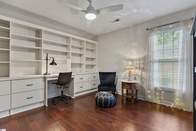 413 Rambling Rose Way, Moore, SC 29369 - home office featuring built in desk, dark wood-style floors, and a ceiling fan