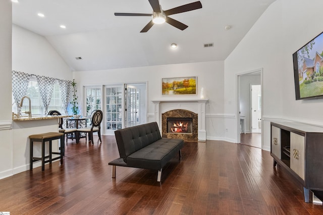 413 Rambling Rose Way, Moore, SC 29369 - living area with high vaulted ceiling, a premium fireplace, dark wood-type flooring, a ceiling fan, and recessed lighting
