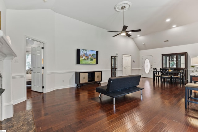 413 Rambling Rose Way, Moore, SC 29369 - living area with a ceiling fan, high vaulted ceiling, hardwood / wood-style floors, and recessed lighting