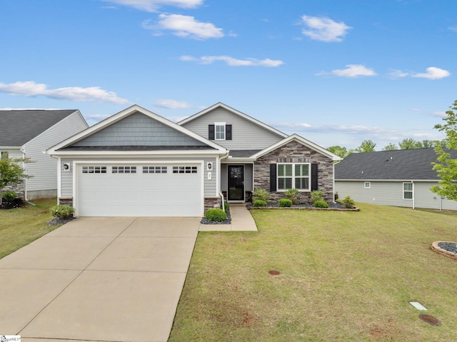 5 Timberwild Dr, Greenville, SC 29605 - craftsman-style home with an attached garage, a front yard, driveway, and stone siding