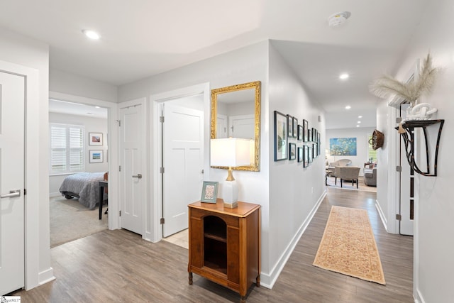 5 Timberwild Dr, Greenville, SC 29605 - hall featuring wood finished floors, plenty of natural light, recessed lighting, and baseboards