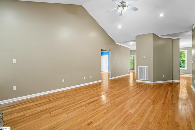 1298 Moorehead Pl, Pendleton, SC 29670 - unfurnished living room with a ceiling fan, high vaulted ceiling, light wood-type flooring, baseboards, and recessed lighting