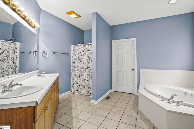 1298 Moorehead Pl, Pendleton, SC 29670 - full bathroom with double vanity, tile patterned flooring, curtained shower, and a bath