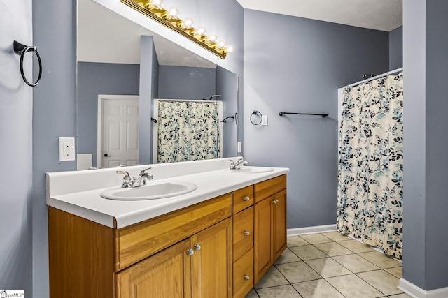 1298 Moorehead Pl, Pendleton, SC 29670 - full bath with double vanity, tile patterned flooring, and a shower with shower curtain