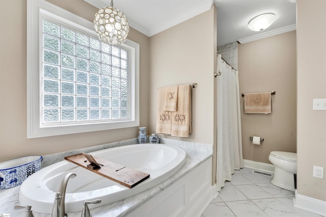 bathroom with marble look tile flooring, crown molding, a bath, toilet, and baseboards