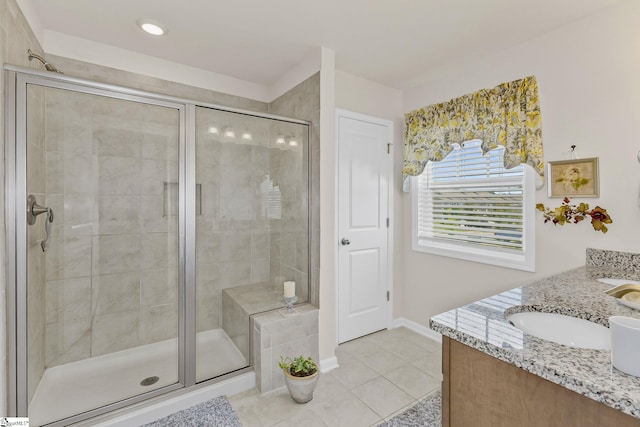 305 Yellow Fox Rd, Greer, SC 29650 - bathroom with a shower stall, tile patterned floors, baseboards, and double vanity