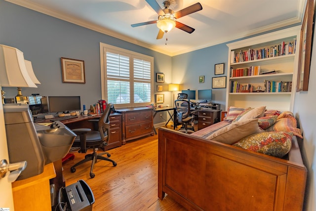 home office featuring ceiling fan, ornamental molding, and light wood-type flooring