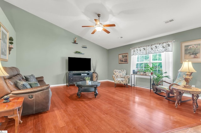 239 Walcott Dr, Lyman, SC 29365 - living area with ceiling fan, lofted ceiling, wood finished floors, and baseboards