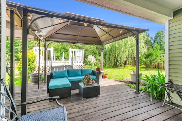 239 Walcott Dr, Lyman, SC 29365 - wooden deck featuring a gazebo, an outdoor living space, and a lawn