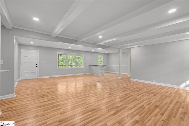 408 Bent Creek Dr, Greer, SC 29650 - unfurnished living room with light wood-style flooring, recessed lighting, beam ceiling, and baseboards