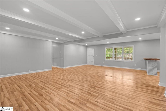 408 Bent Creek Dr, Greer, SC 29650 - unfurnished living room with beamed ceiling, light wood-style floors, baseboards, and recessed lighting