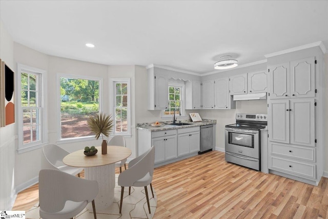 408 Bent Creek Dr, Greer, SC 29650 - kitchen featuring stainless steel appliances, a sink, under cabinet range hood, light wood-style floors, and recessed lighting