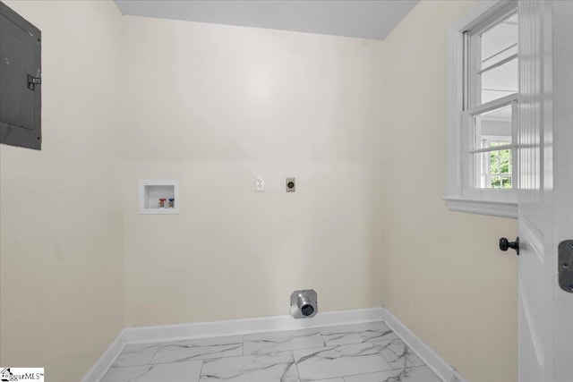 408 Bent Creek Dr, Greer, SC 29650 - laundry area featuring washer hookup, electric dryer hookup, marble look tile flooring, and baseboards