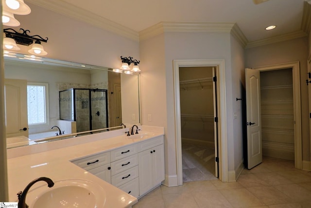 128 Palm Springs Way, Simpsonville, SC 29681 - bathroom with tile patterned floors, a shower stall, double vanity, a spacious closet, and recessed lighting