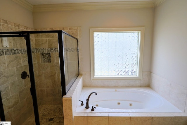 128 Palm Springs Way, Simpsonville, SC 29681 - full bath with a shower stall, a whirlpool tub, and ornamental molding