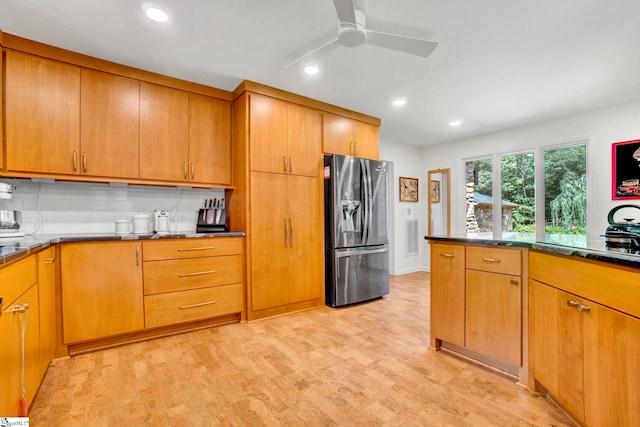 313 Viewmont Dr, Greenville, SC 29609 - kitchen with refrigerator with ice dispenser, ceiling fan, recessed lighting, light wood finished floors, and decorative backsplash