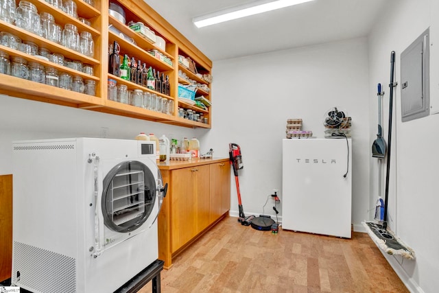 313 Viewmont Dr, Greenville, SC 29609 - laundry room with electric panel, baseboards, washer / dryer, and light carpet