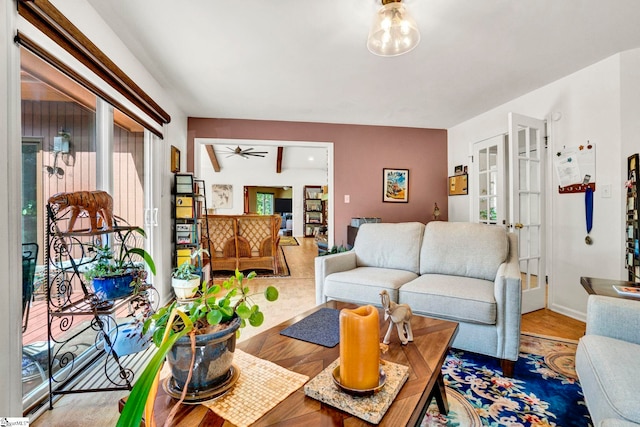 313 Viewmont Dr, Greenville, SC 29609 - living room with french doors, ceiling fan, and wood finished floors