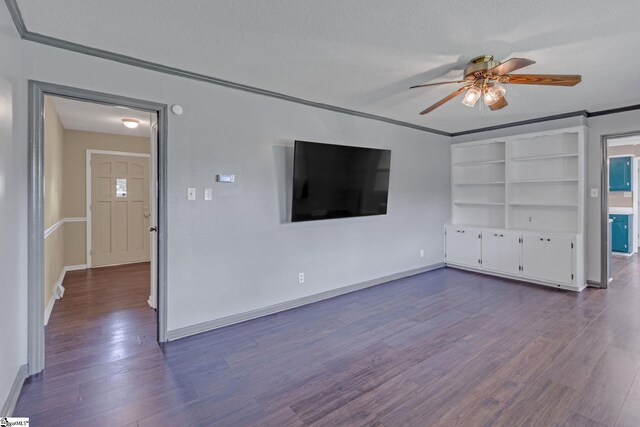 140 Greenbriar Dr, Gaffney, SC 29341 - unfurnished living room featuring a ceiling fan, dark wood-type flooring, crown molding, a textured ceiling, and baseboards